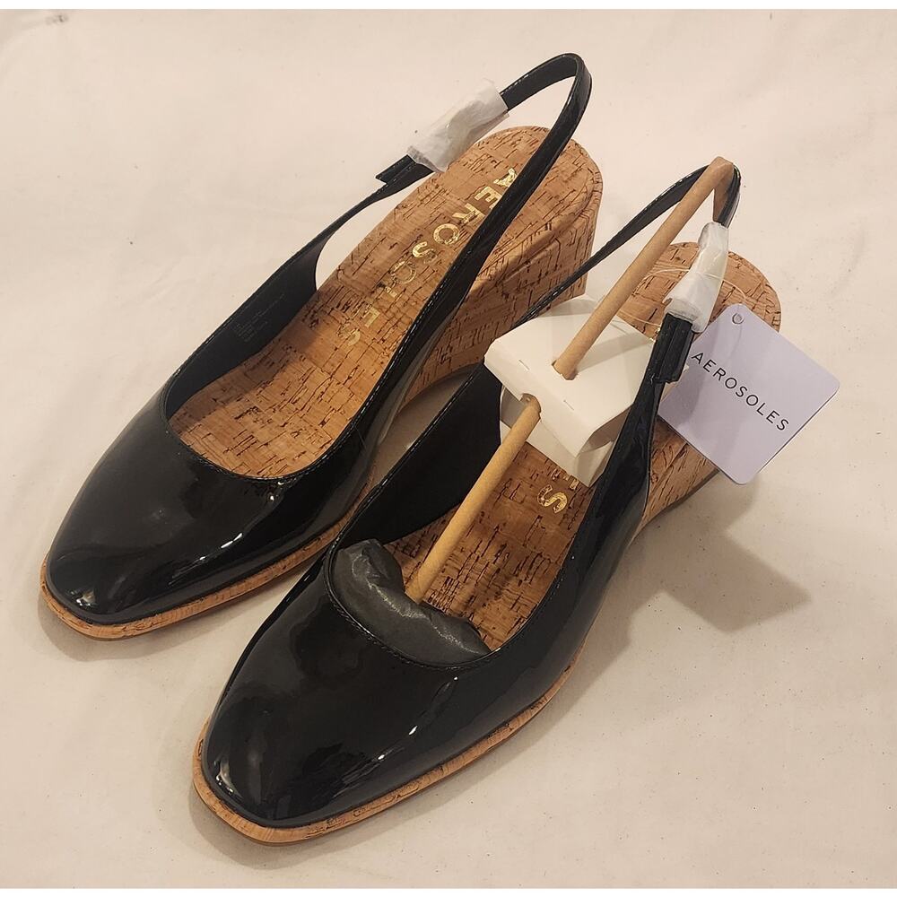 Aerosoles Aria Black Patent Slingback Wedge 11M NIB Comfort Shoes